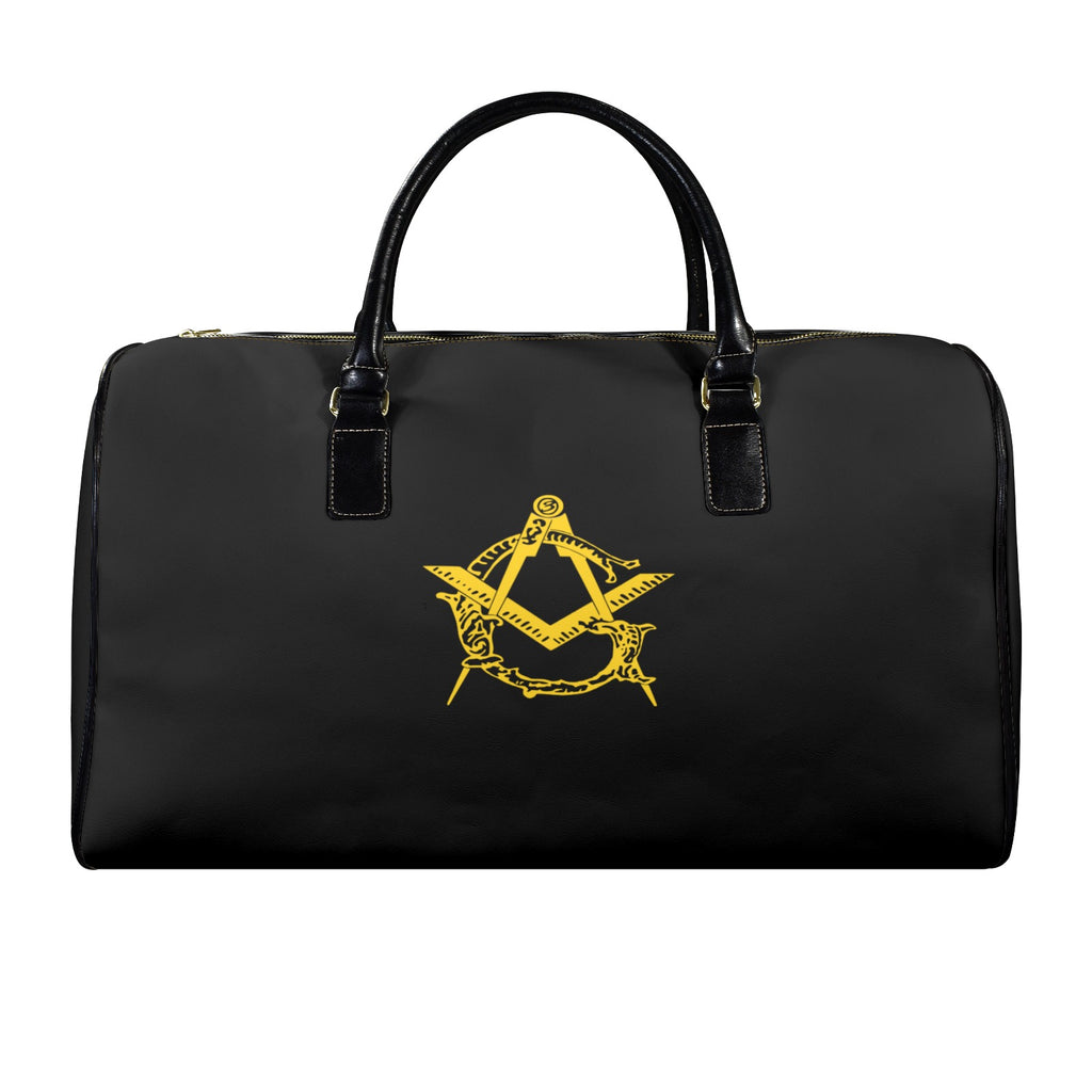 Black duffel bag with a yellow Masonic symbol on a white background