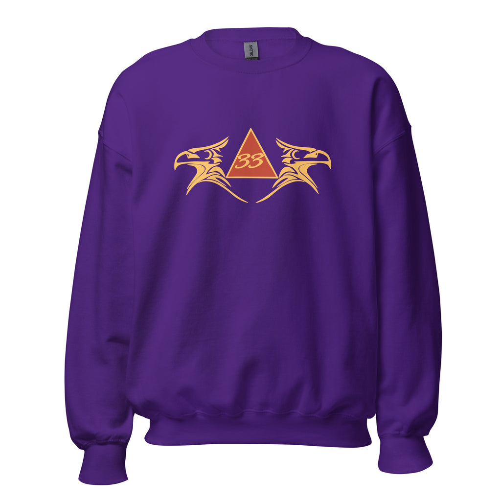 Purple sweatshirt with a gold and orange logo on a white background