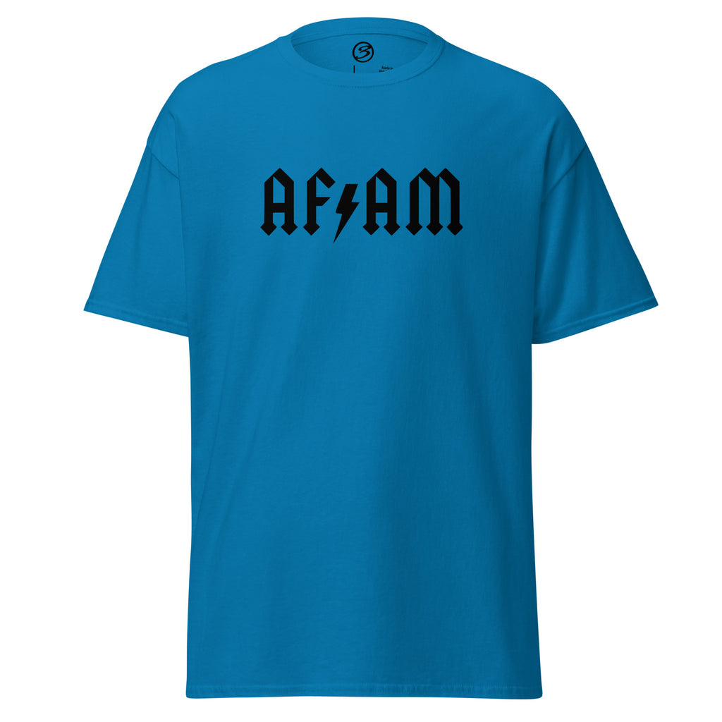 Blue t-shirt with 'AFAM' text on a white background