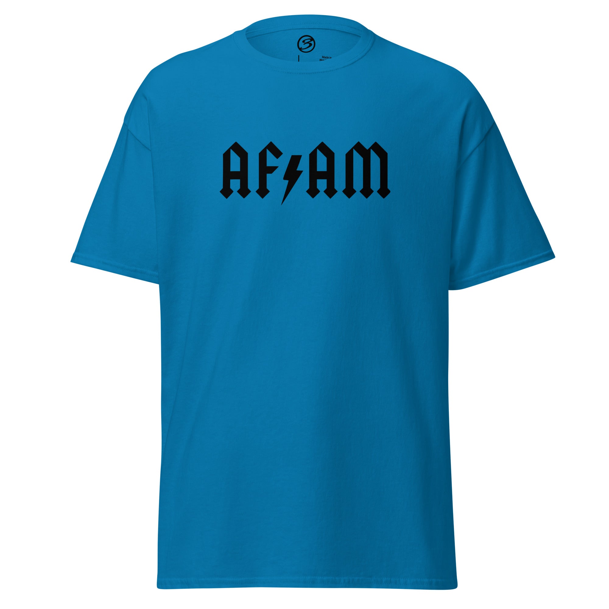 Blue t-shirt with 'AFAM' text on a white background