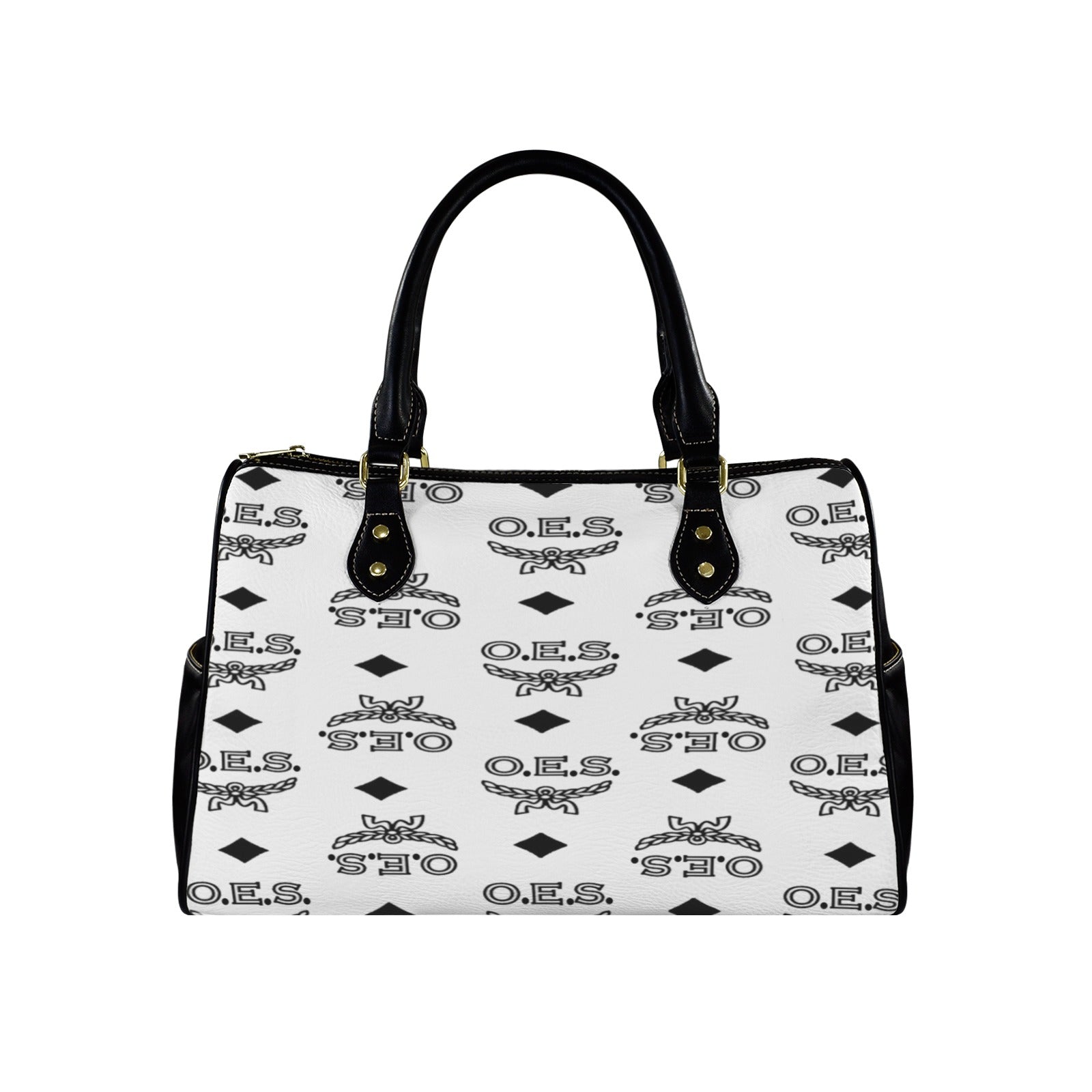 A handbag with a black and white design featuring the letters 'O.E.