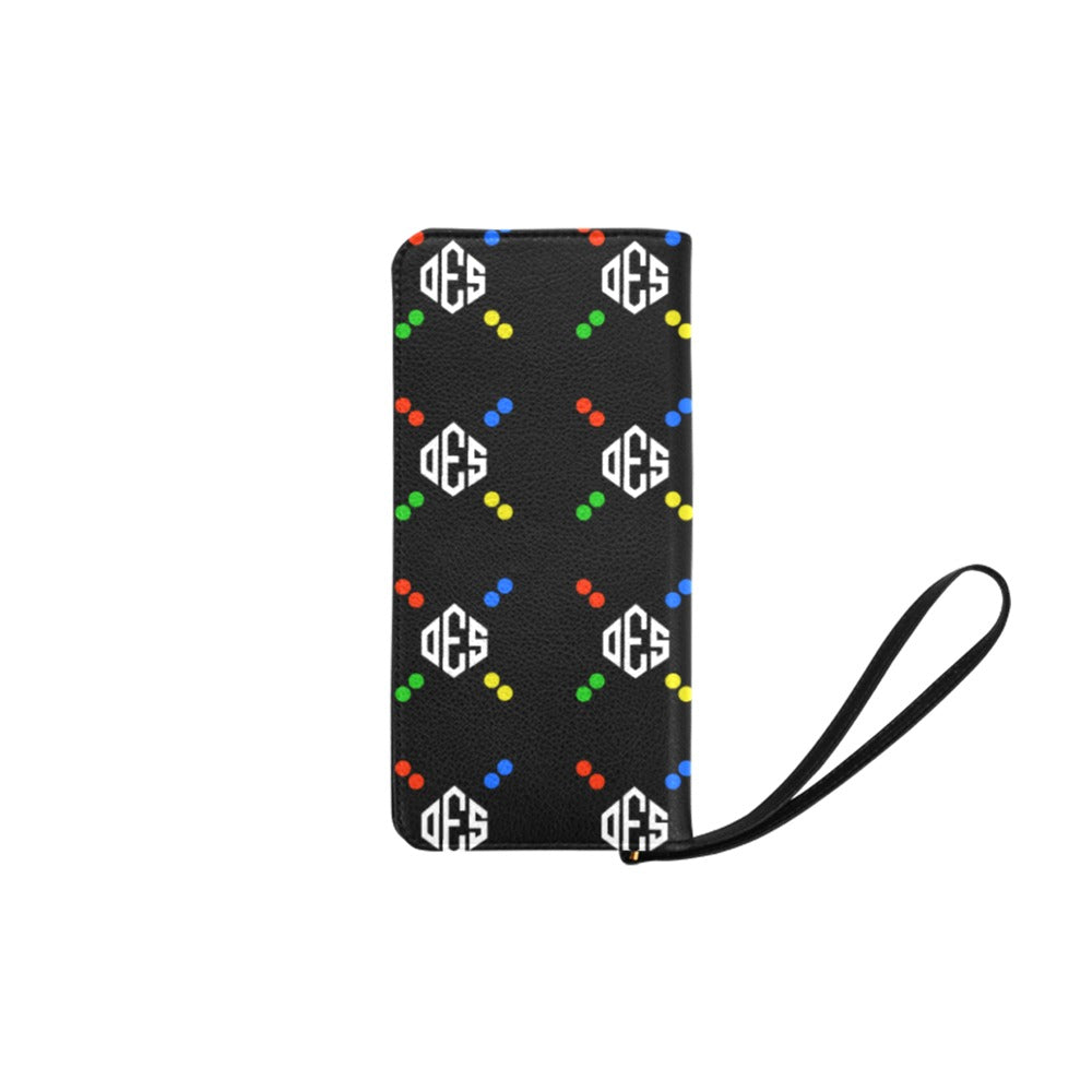 A clutch purse with a geometric pattern featuring the letters 'O.E.