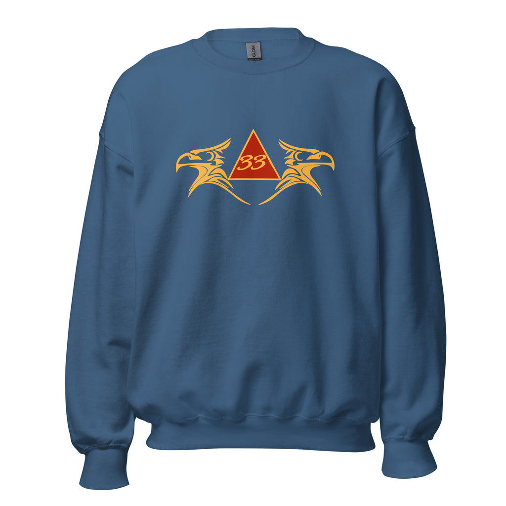 Blue sweatshirt with a red triangle and yellow eagle design on a white background