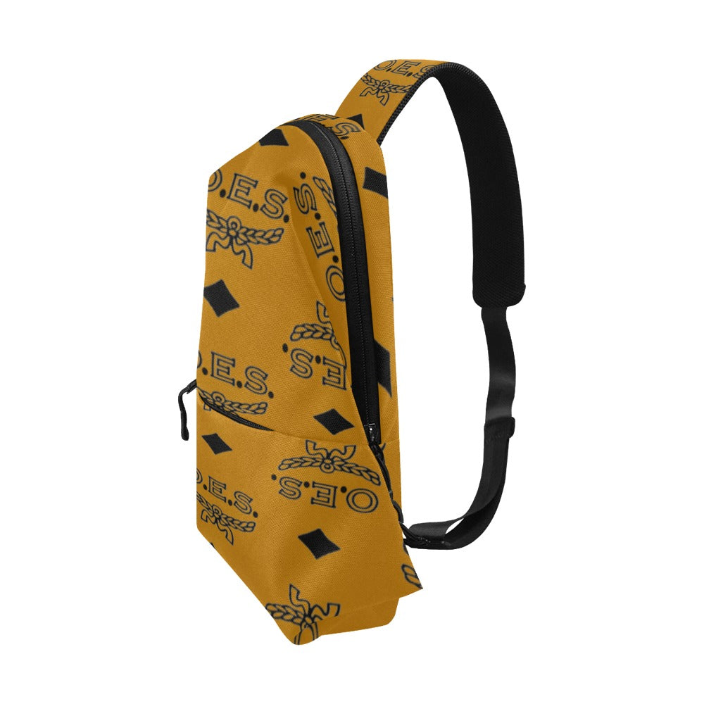 Yellow sling bag with black patterns on a white background