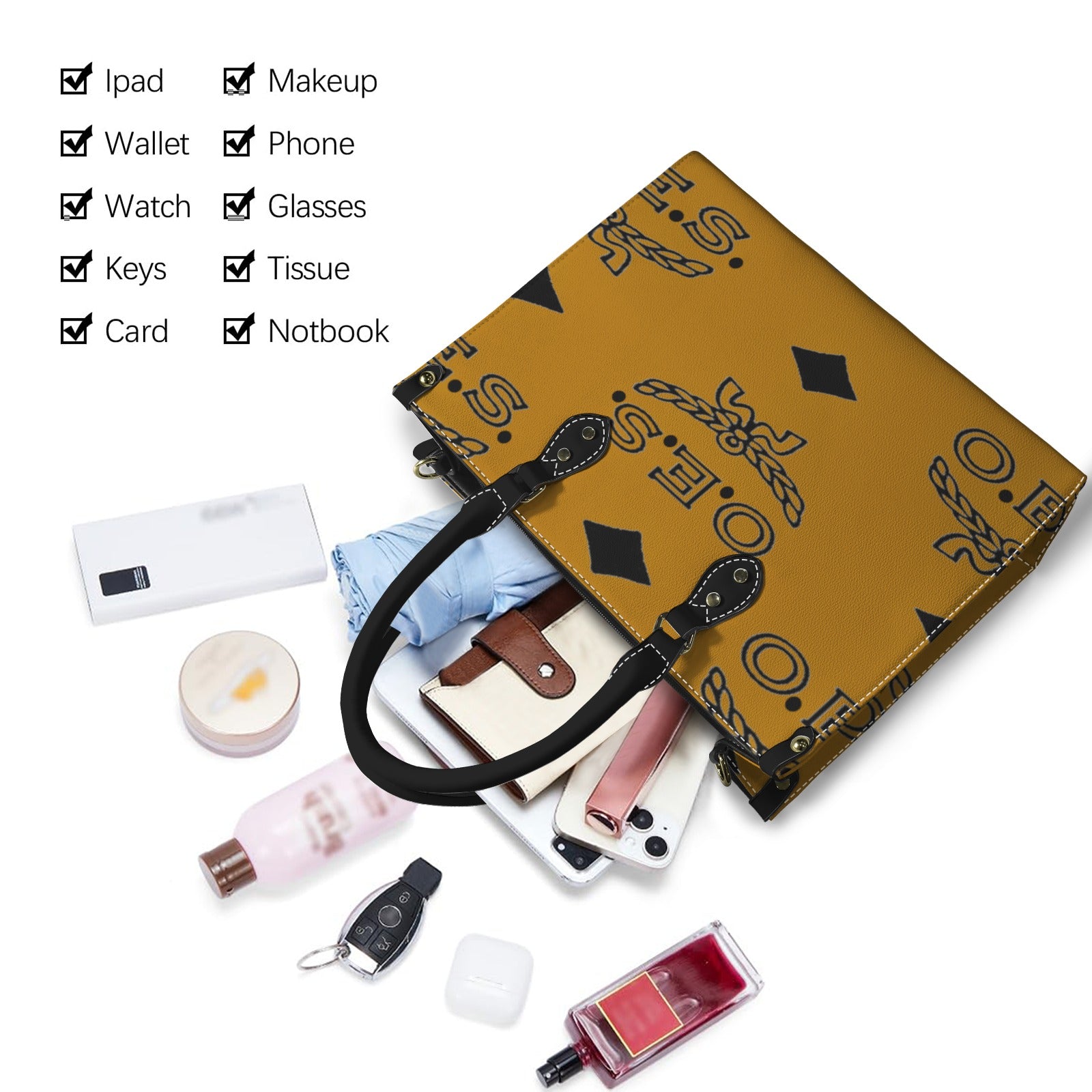 Cognac  leather bag with black logo surrounded by various items on a white background