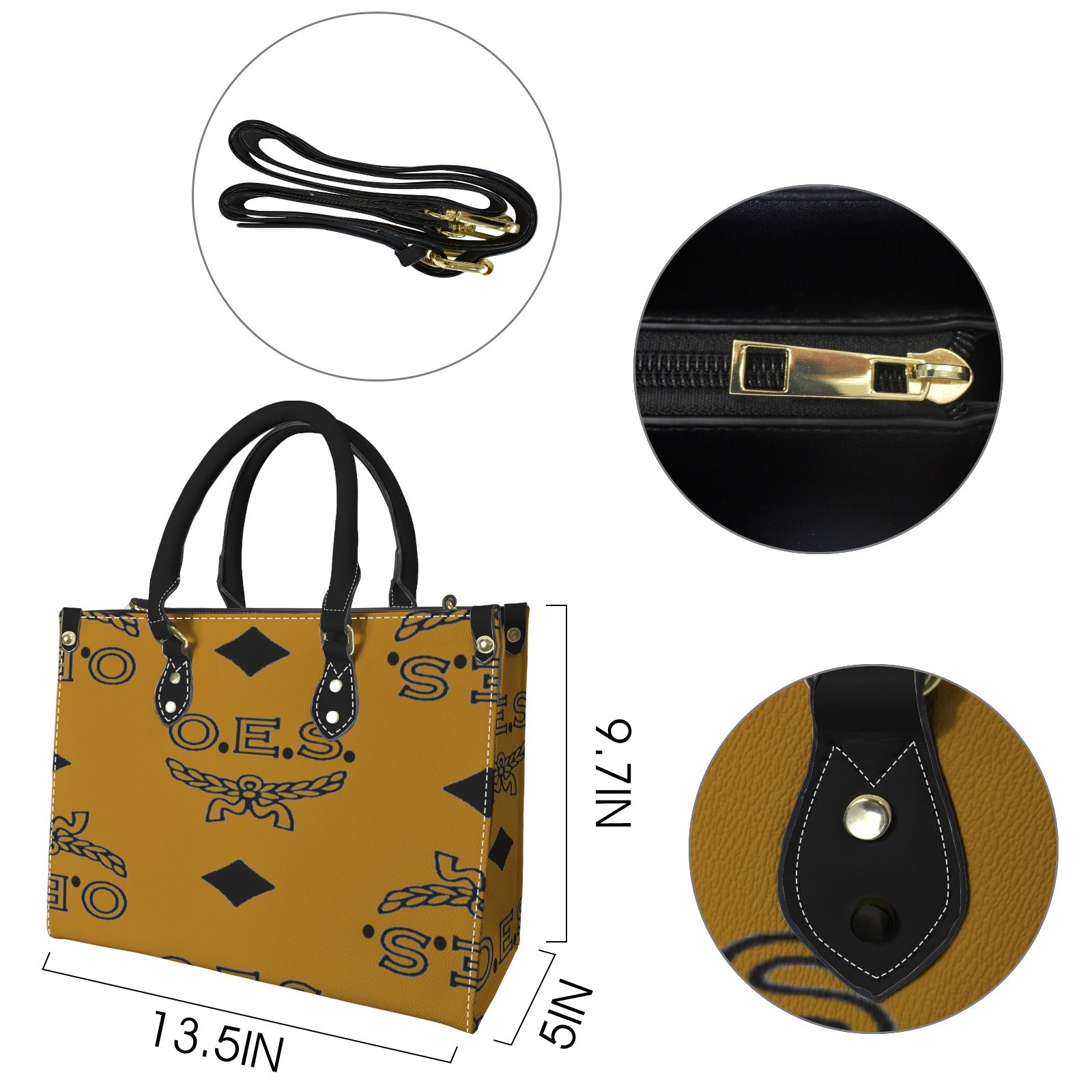 Cognac handbag with black pattern, measurements, and close-up details on a white background