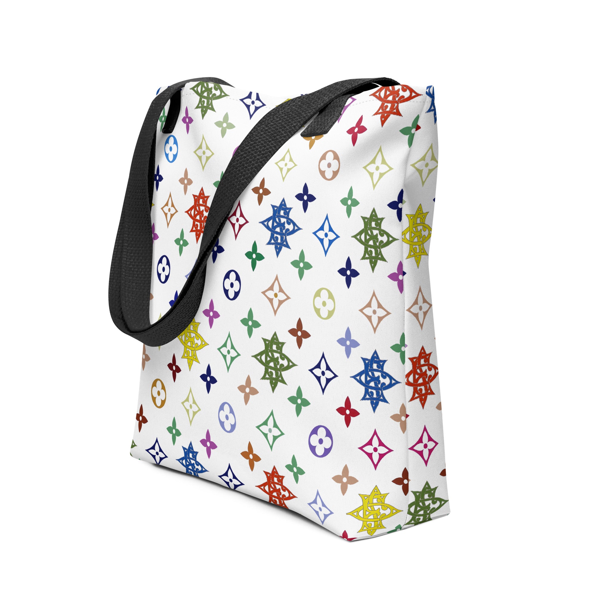 Tote bag with colorful geometric pattern on a white background