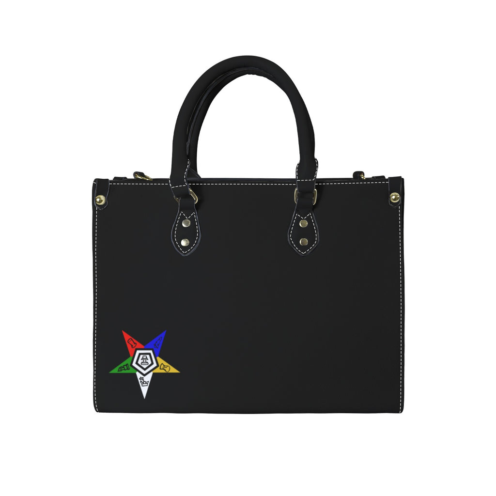 Black handbag with a colorful logo on a white background