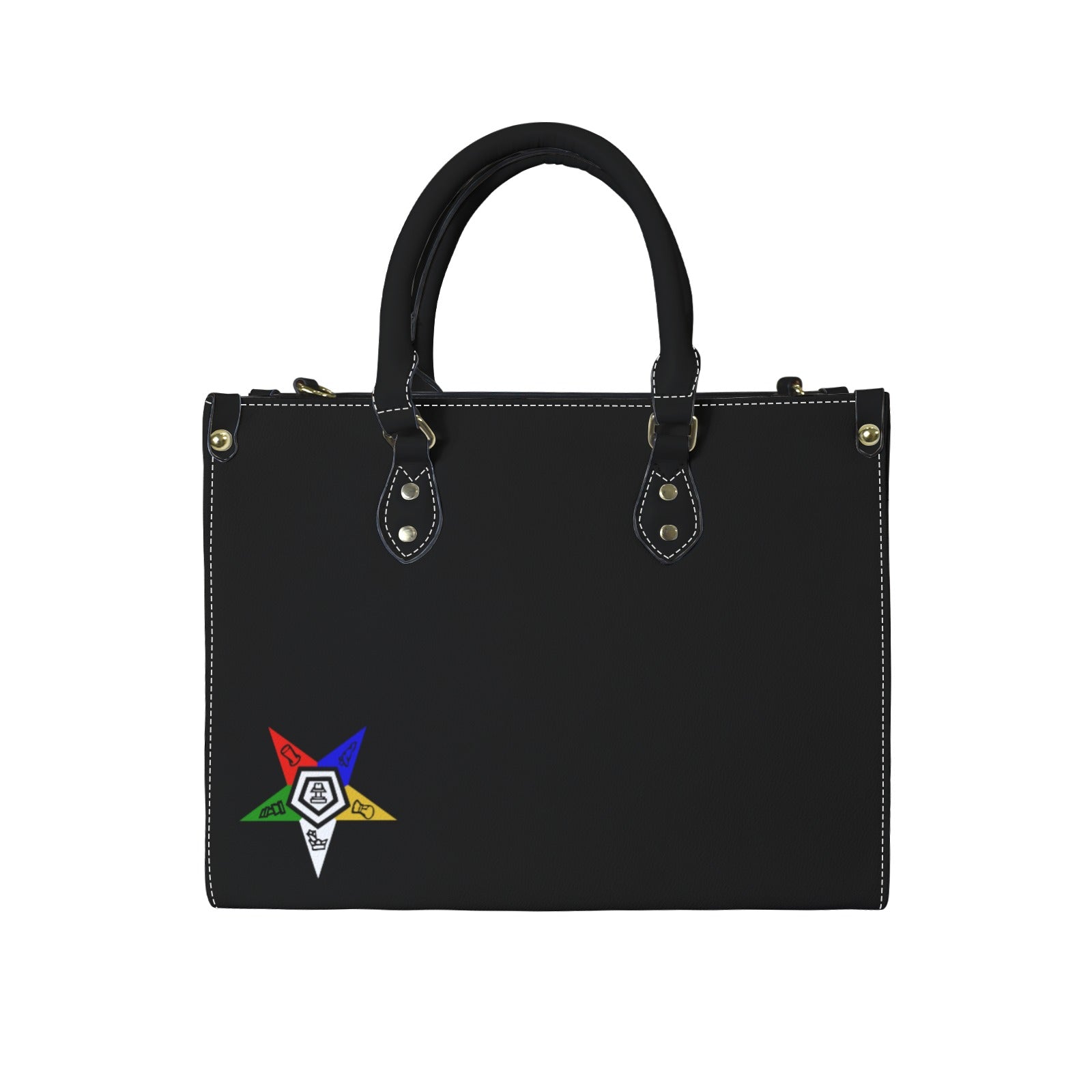 Black handbag with a colorful logo on a white background