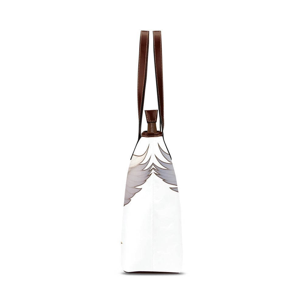 White bag with brown strap on a white background