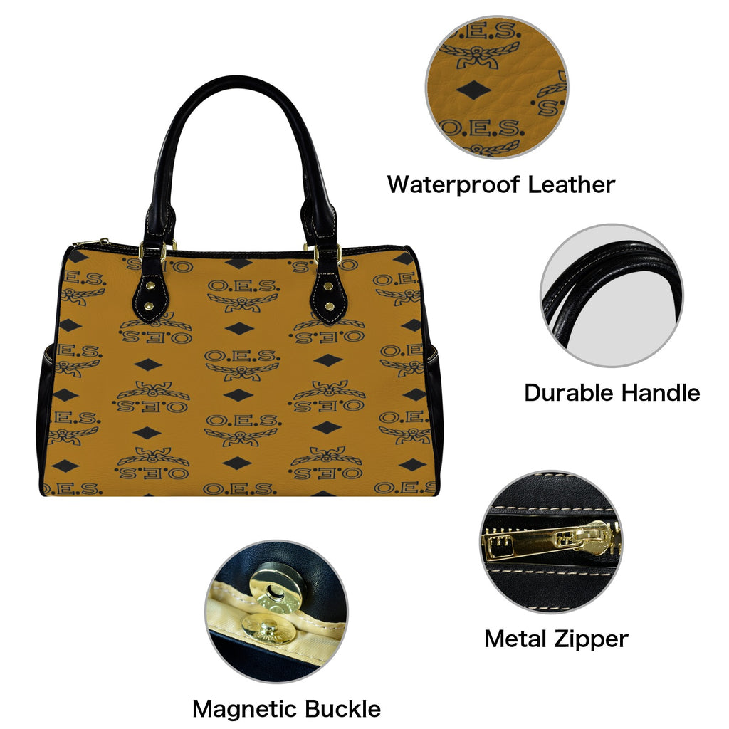 Cognac handbag with black pattern, featuring waterproof leather, durable handle, metal zipper, and magnetic buckle on a white background.