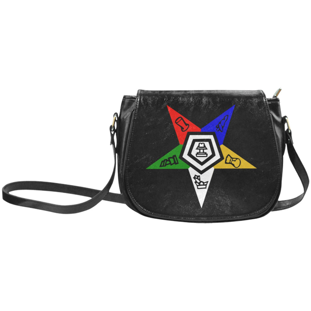 Black leather handbag with a colorful symbol on a white background
