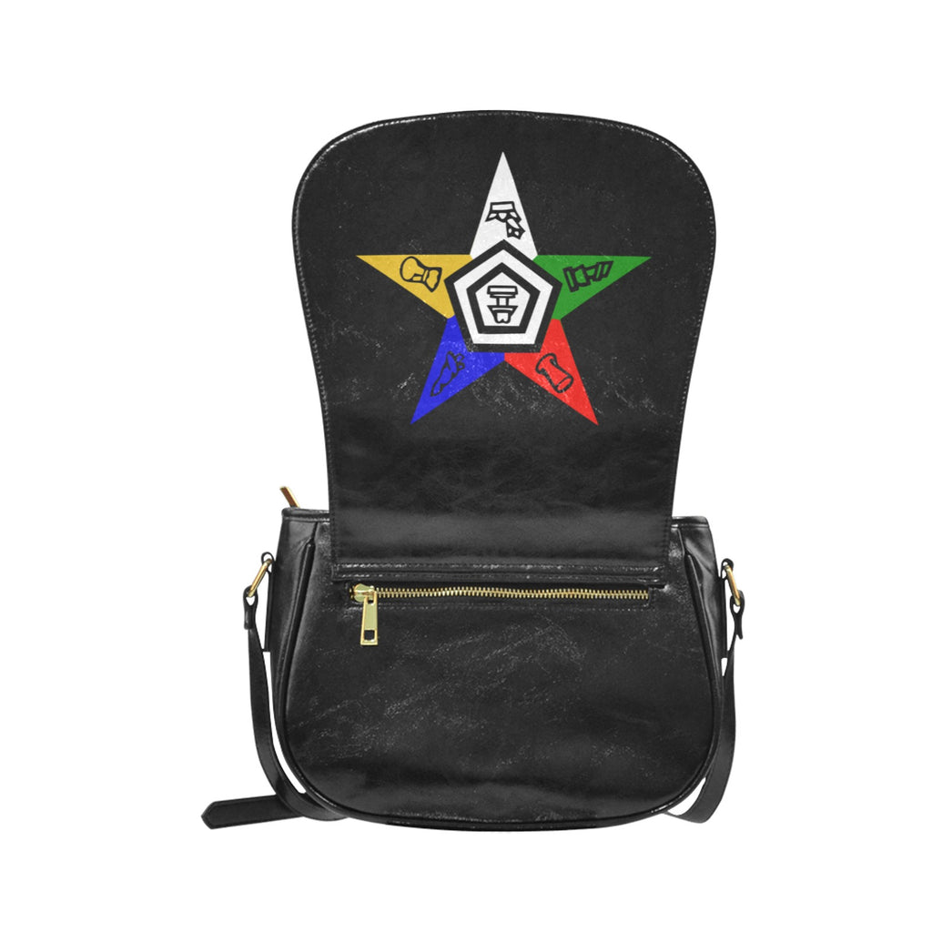Black leather bag with colorful star design on a white background