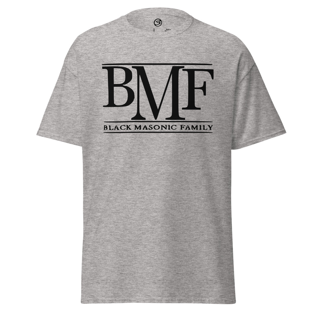 Gray t-shirt with 'BMF Black Masonic Family' text on a white background