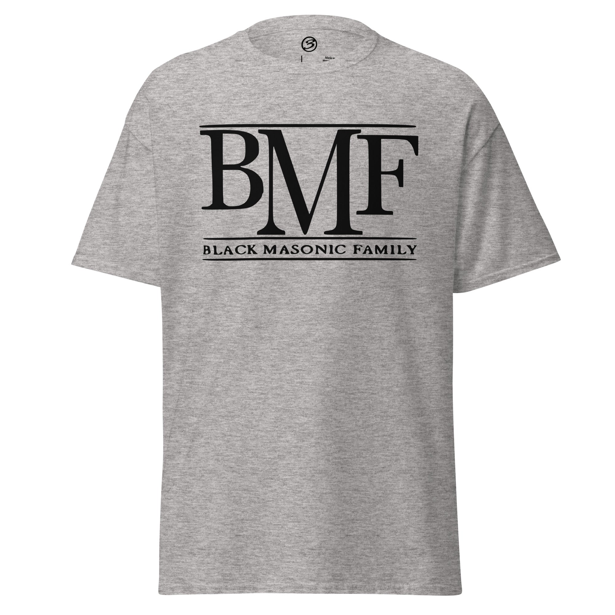 Gray t-shirt with 'BMF Black Masonic Family' text on a white background