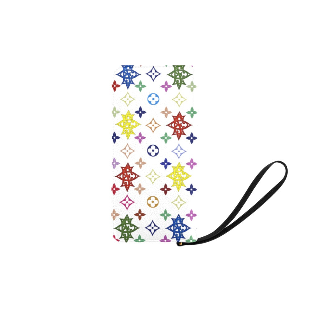 A colorful clutch wristlet featuring a geometric star pattern, with a detachable wrist strap.