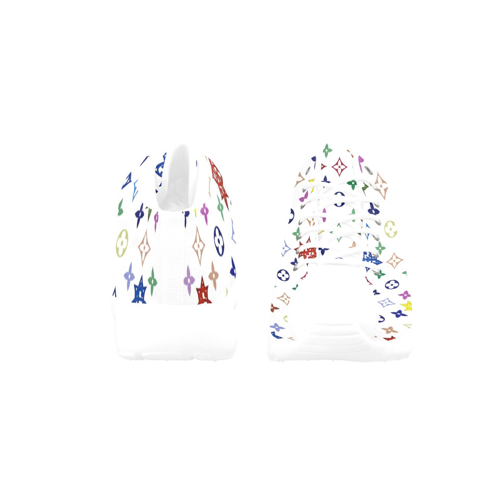Colorful patterned earbuds on a white background