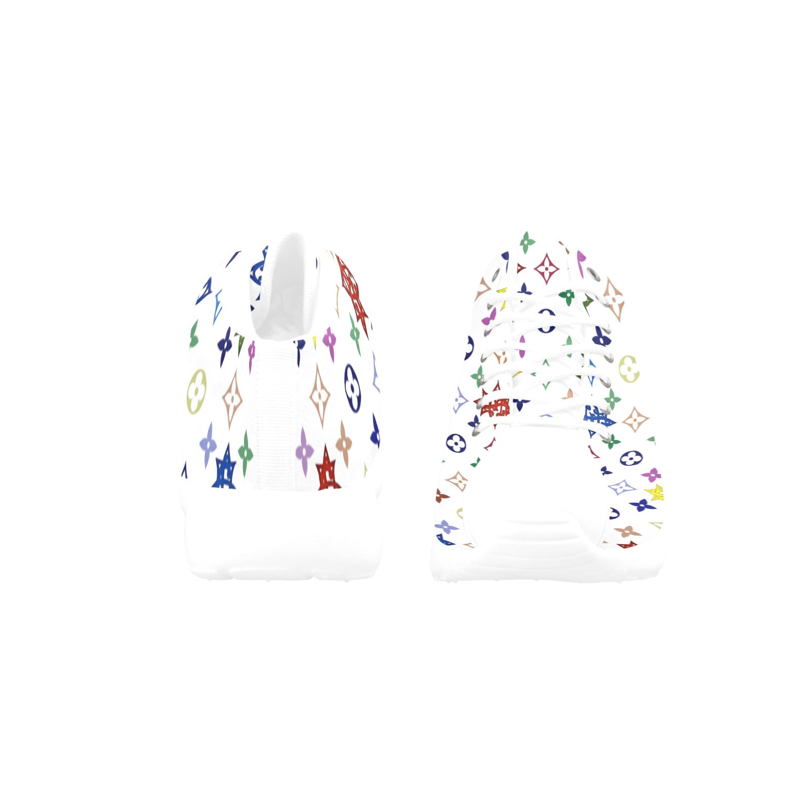 Colorful patterned earbuds on a white background