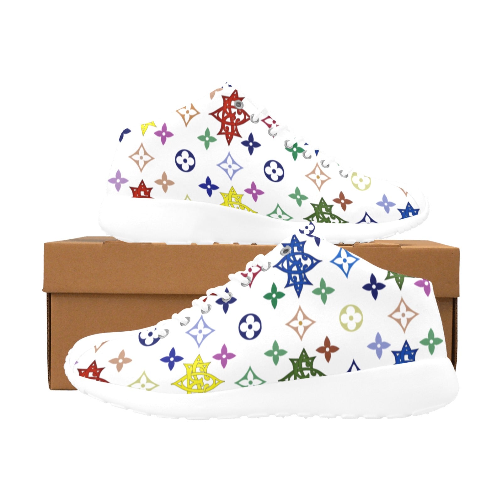 White sneakers with colorful pattern on a white background