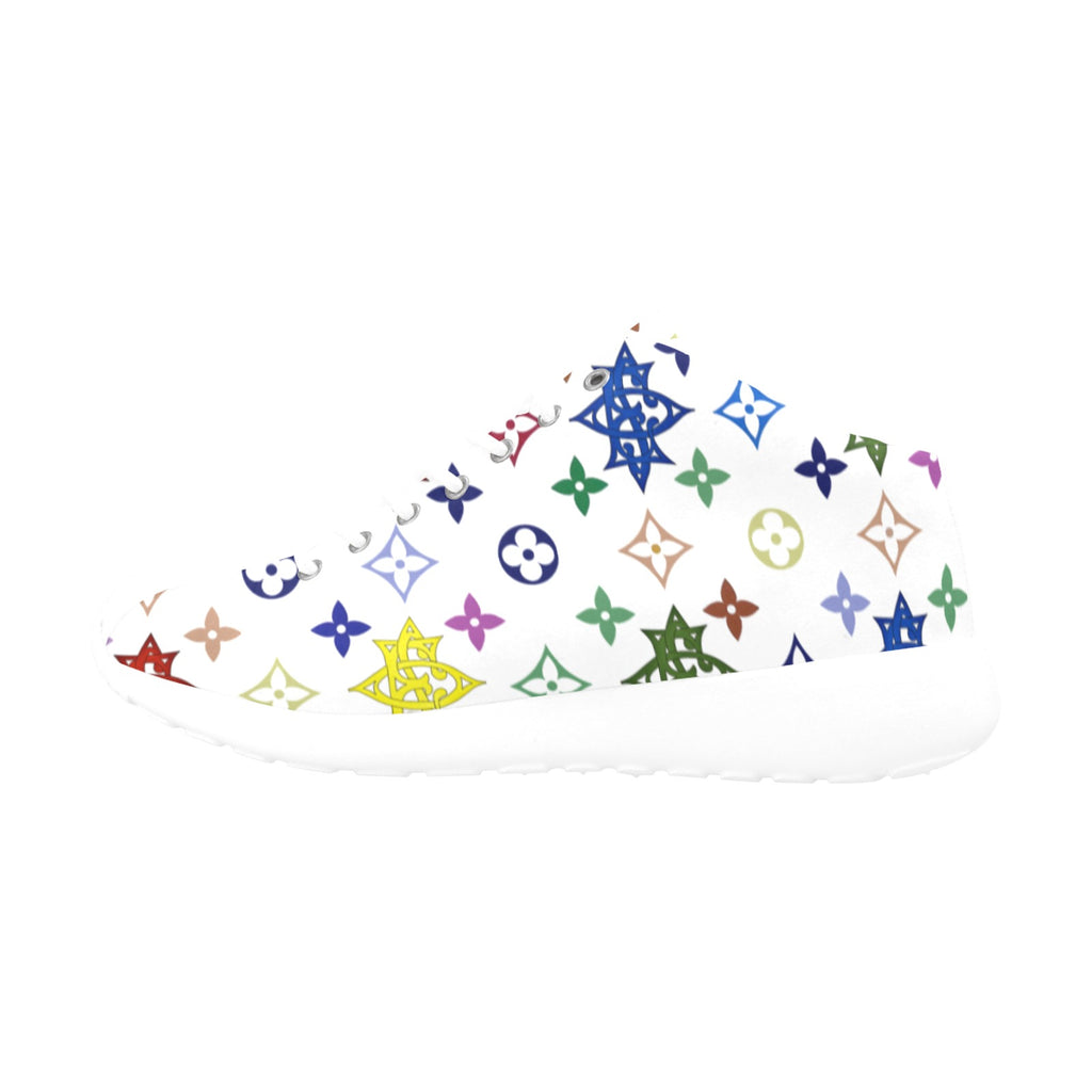 Colorful geometric shapes arranged in a circular pattern on a white background