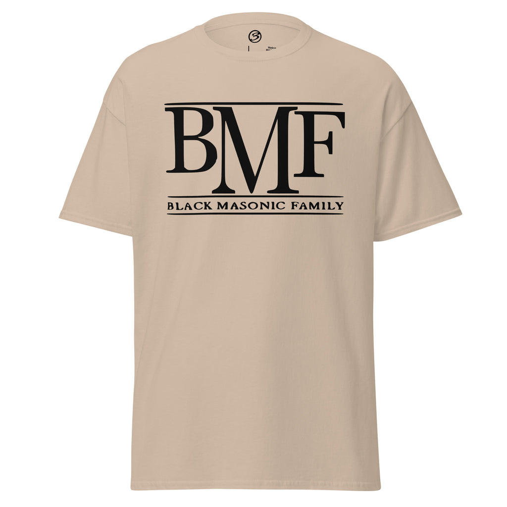 Beige t-shirt with 'BMF Black Masonic Family' text on a white background