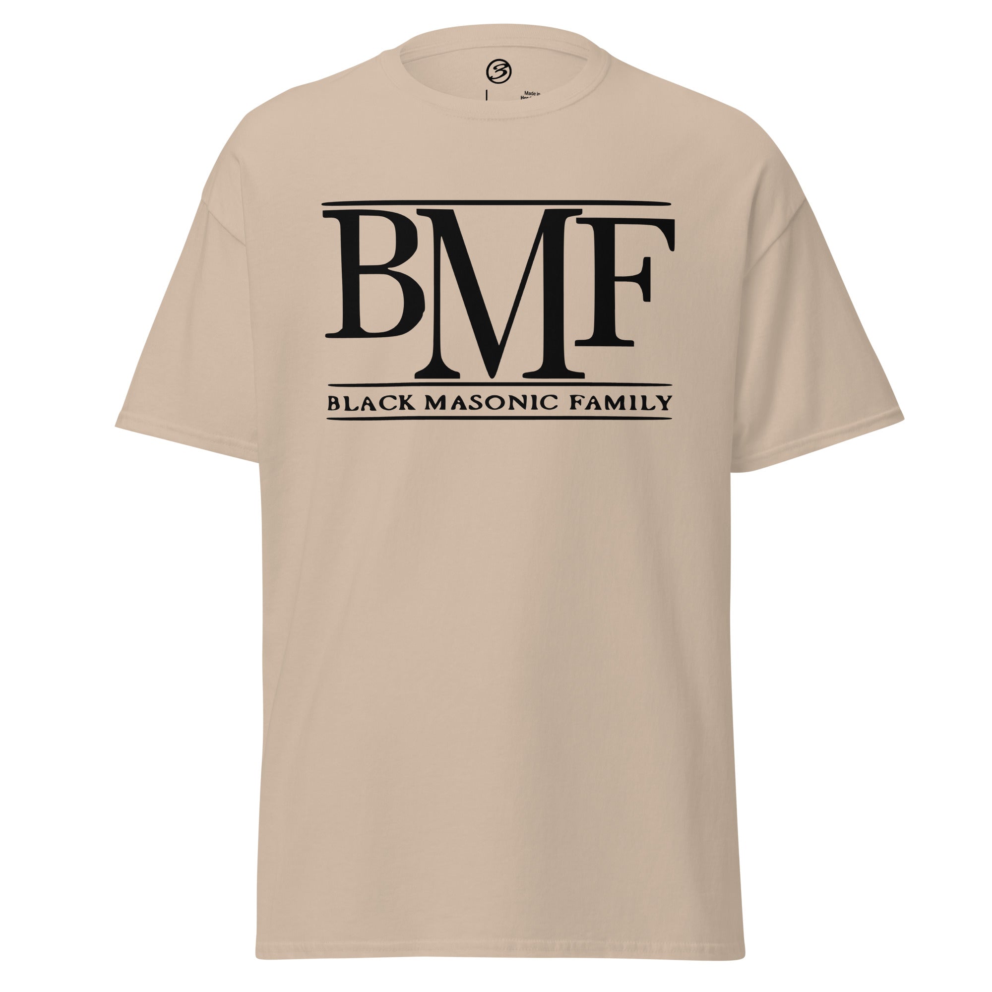 Beige t-shirt with 'BMF Black Masonic Family' text on a white background