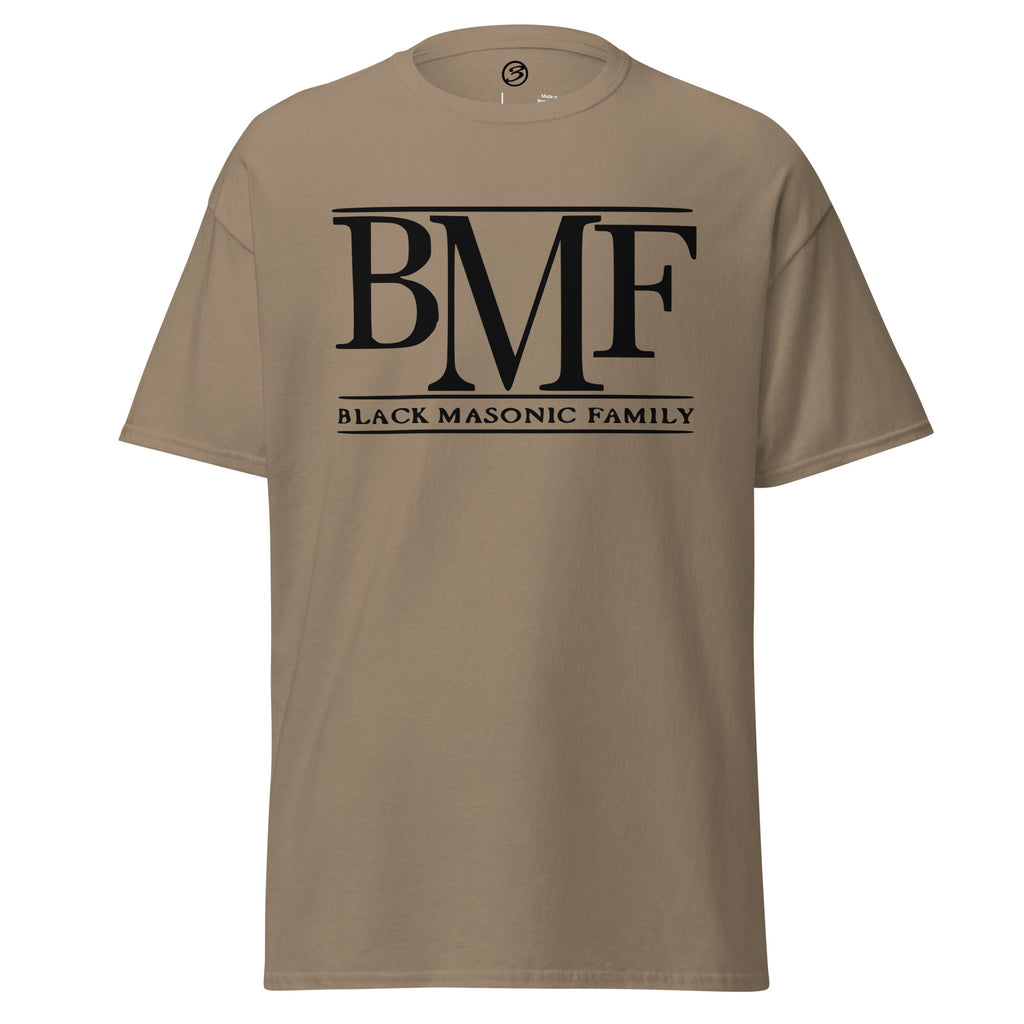 Beige t-shirt with 'BMF Black Masonic Family' text on a white background