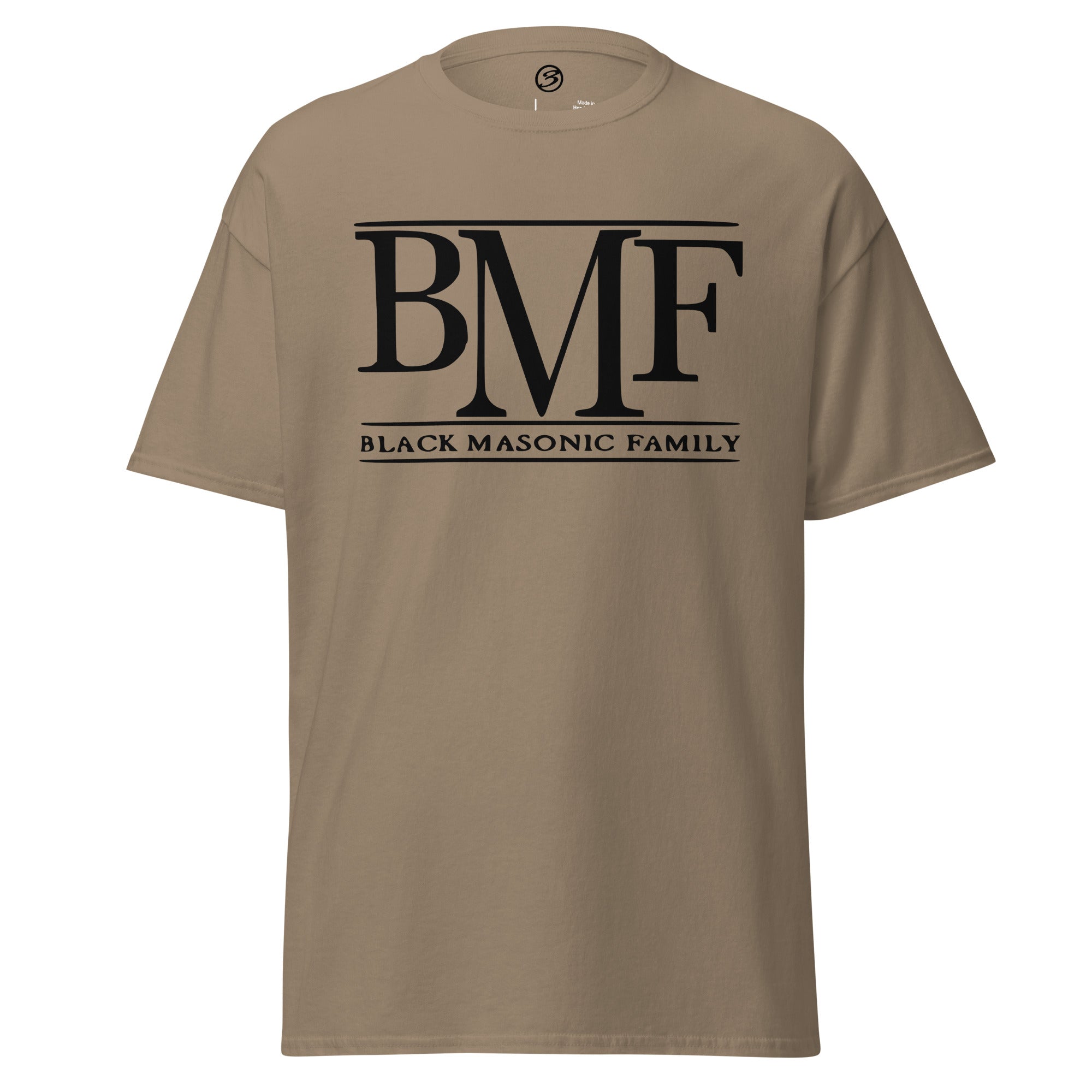 Beige t-shirt with 'BMF Black Masonic Family' text on a white background
