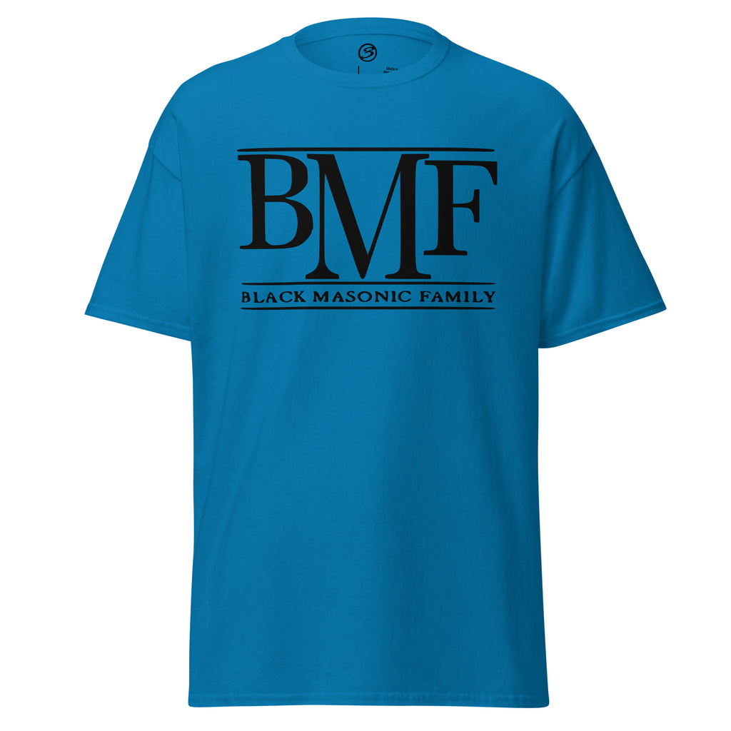 Blue t-shirt with 'BMF Black Masonic Family' text on a white background