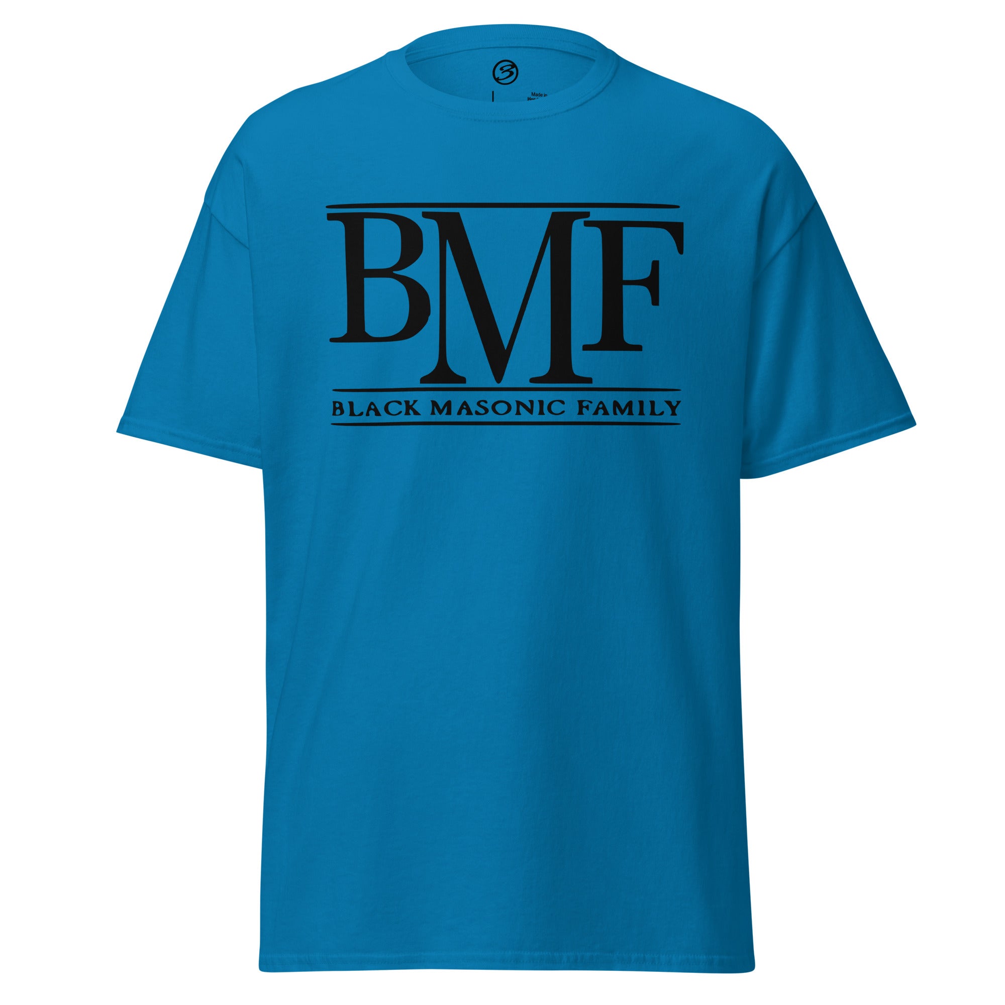 Blue t-shirt with 'BMF Black Masonic Family' text on a white background