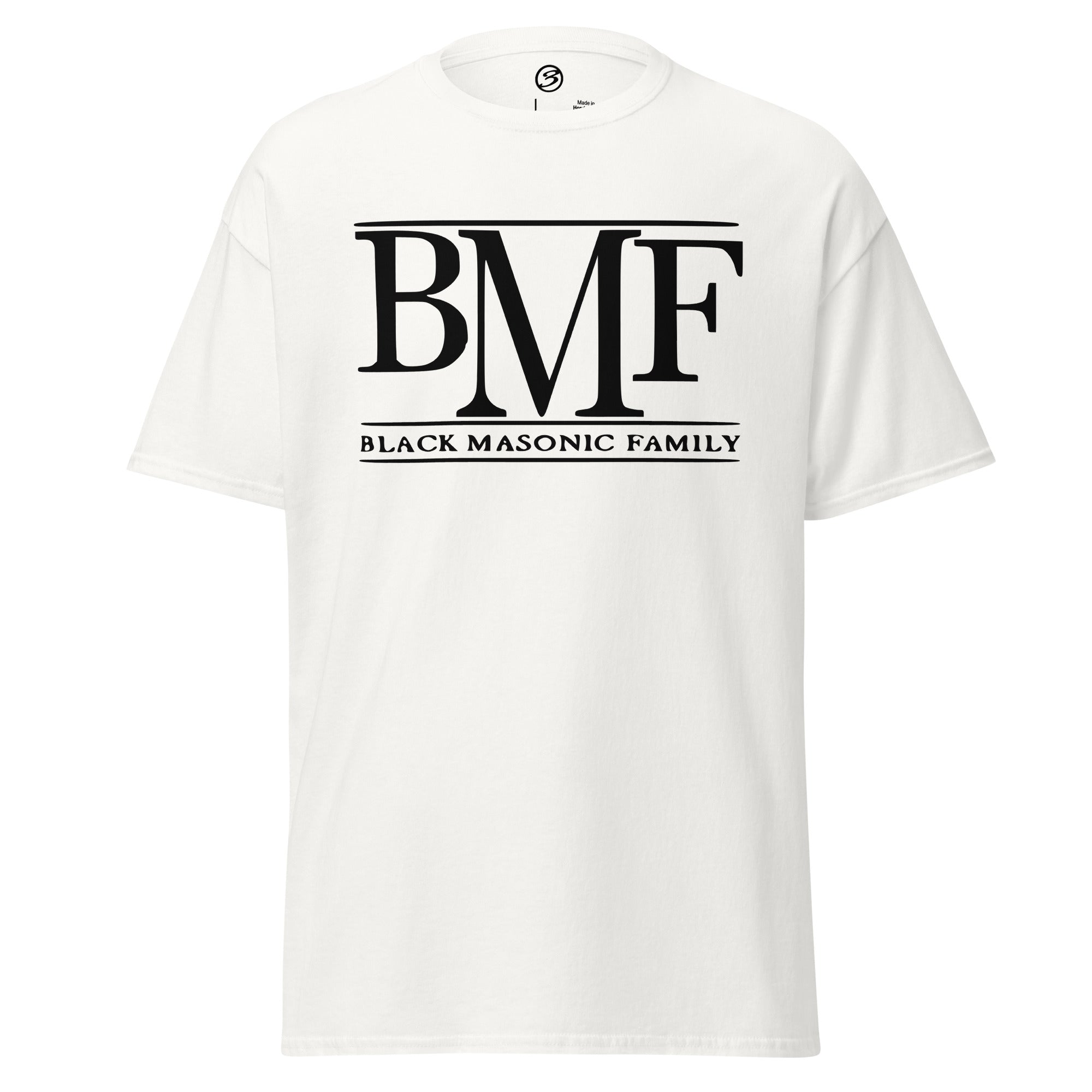 White t-shirt with 'BMF Black Masonic Family' text on a white background