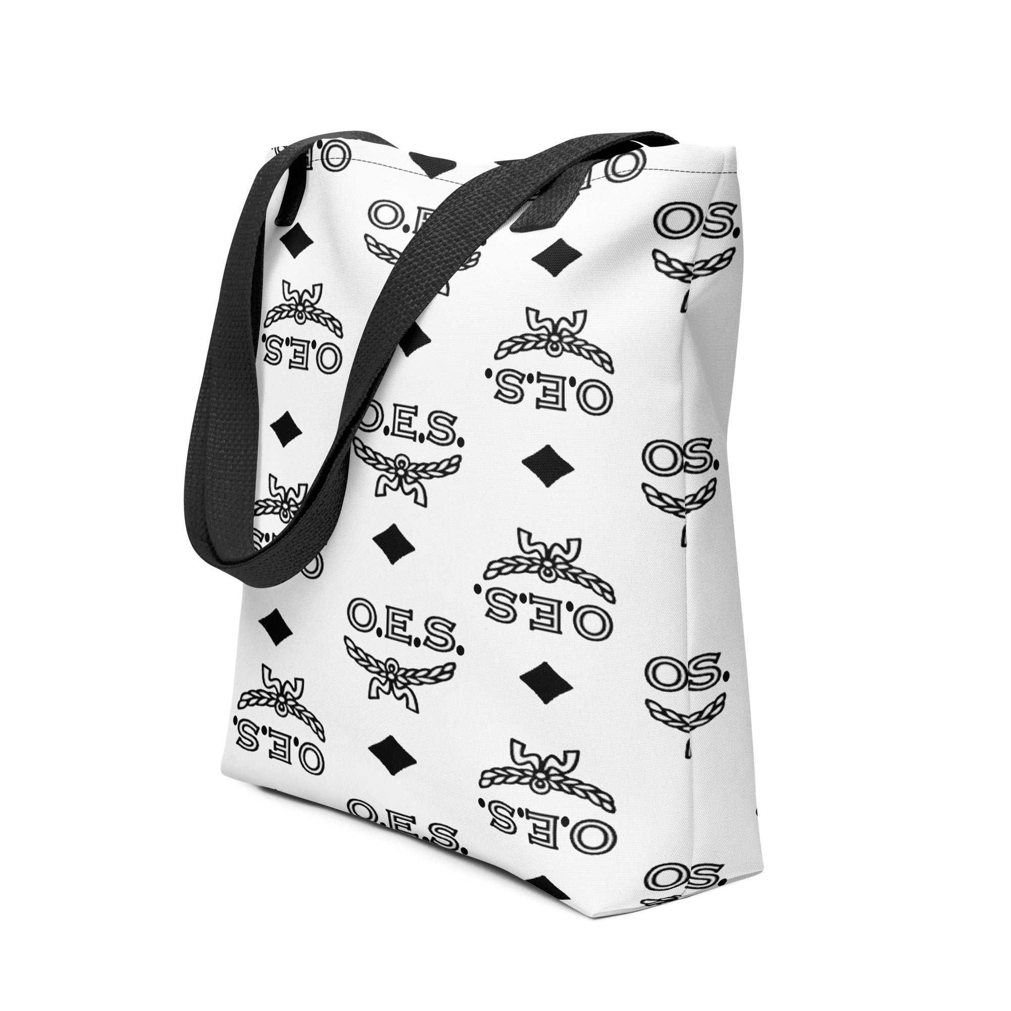 White tote bag with black geometric pattern on a white background
