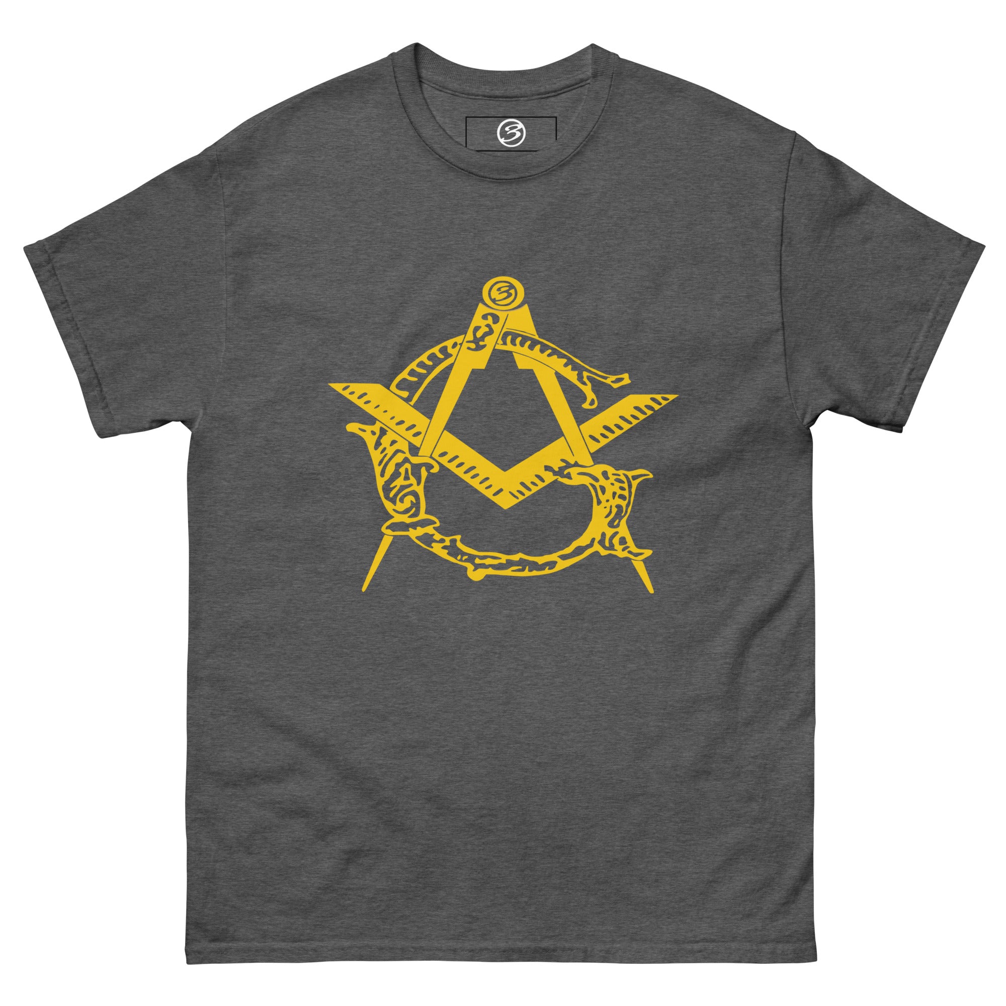 Gray t-shirt with yellow Masonic symbol on a white background
