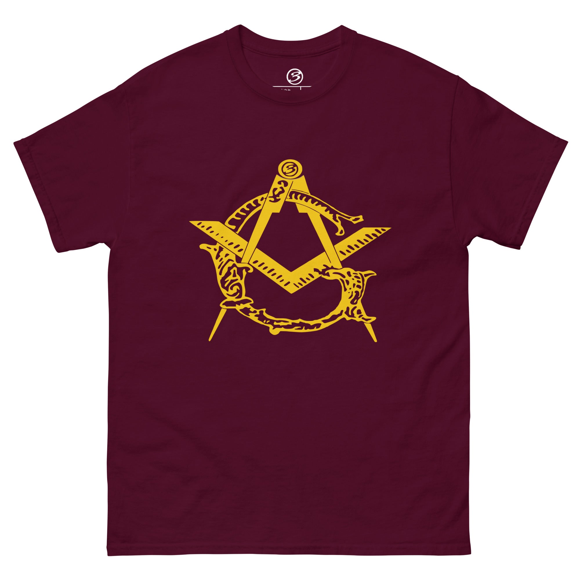 Maroon t-shirt with yellow Masonic symbol on a white background
