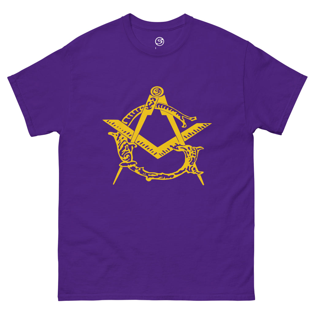 Purple t-shirt with yellow Masonic symbol on a white background