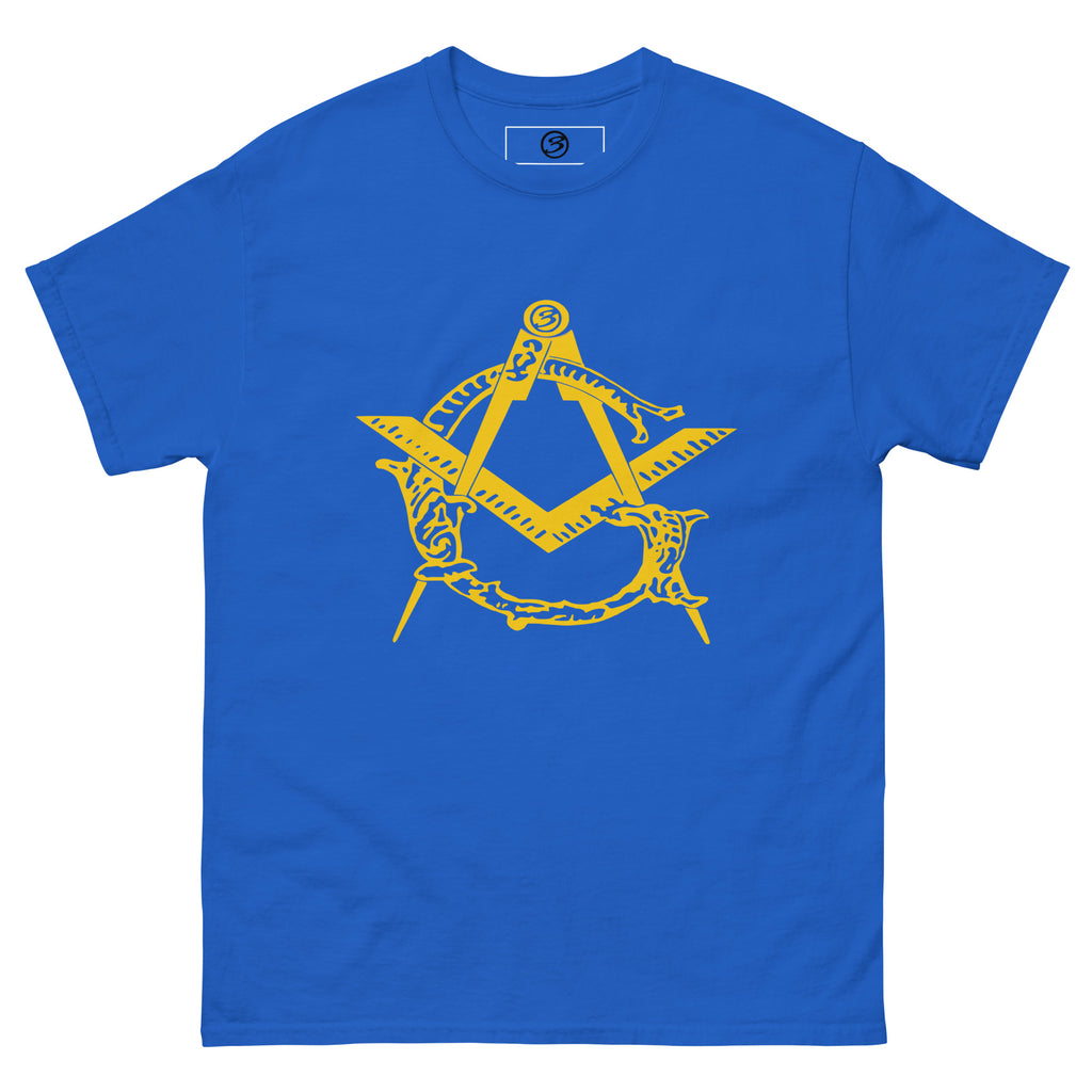 Blue t-shirt with yellow Masonic symbol on a white background