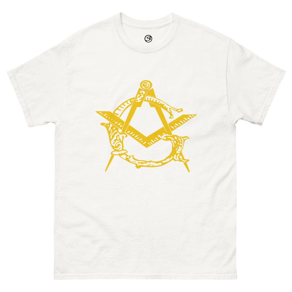 White t-shirt with a yellow Masonic symbol on a white background
