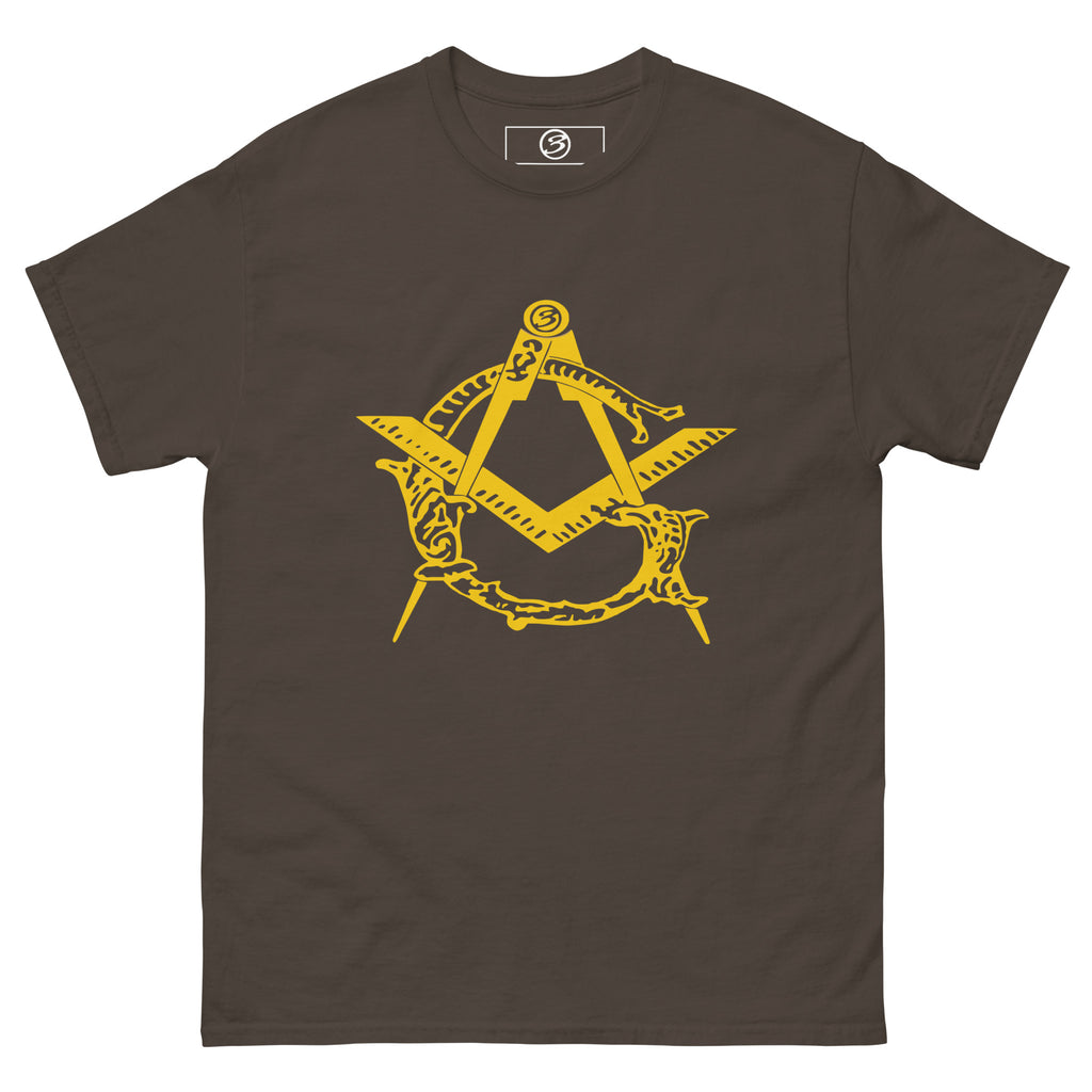 Brown t-shirt with yellow Masonic symbol on a white background