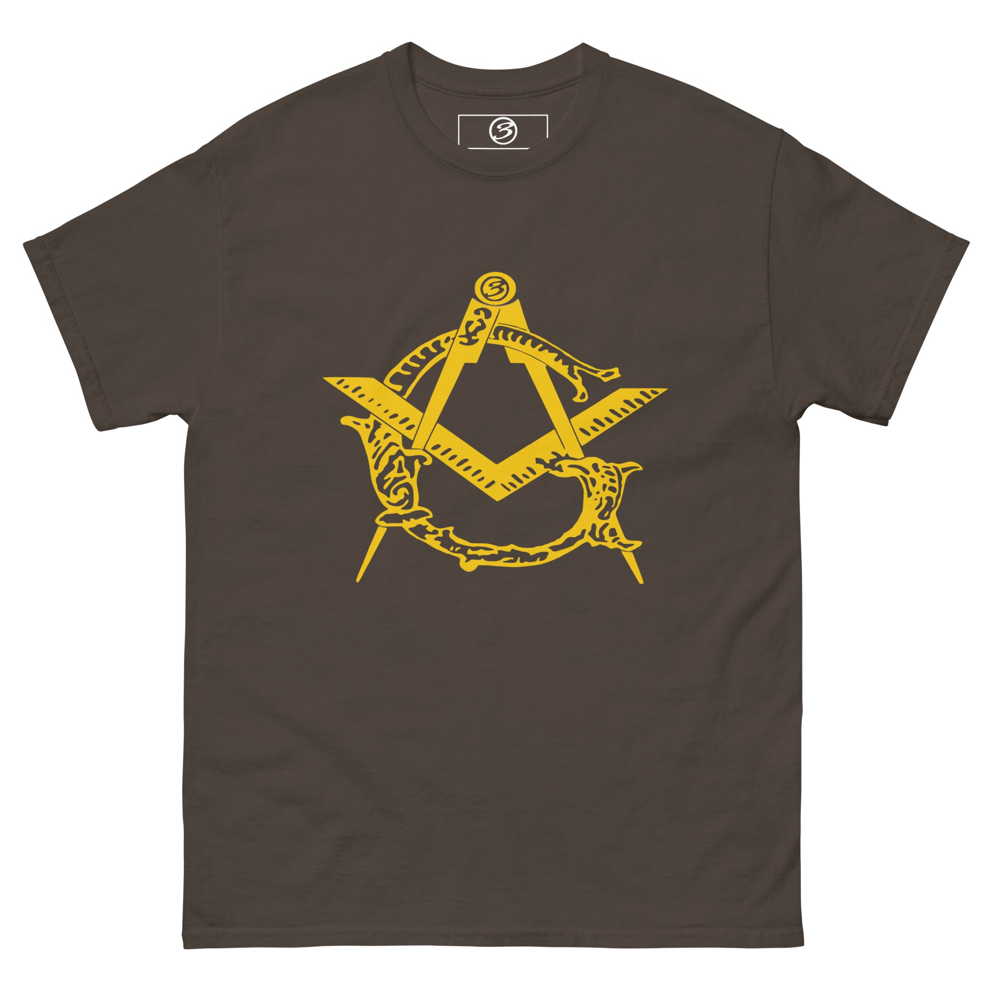 Brown t-shirt with yellow Masonic symbol on a white background