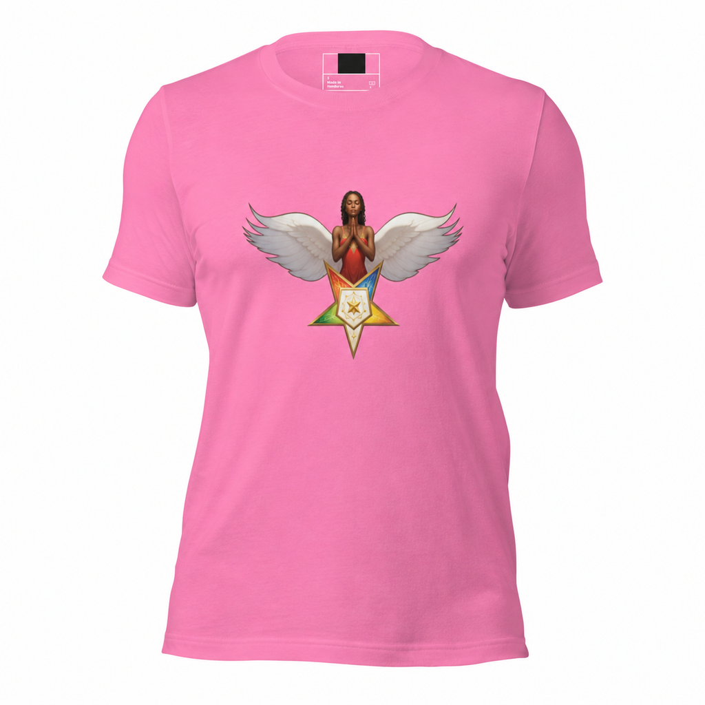 Pink t-shirt with a graphic design of a woman with wings and a star on a white background