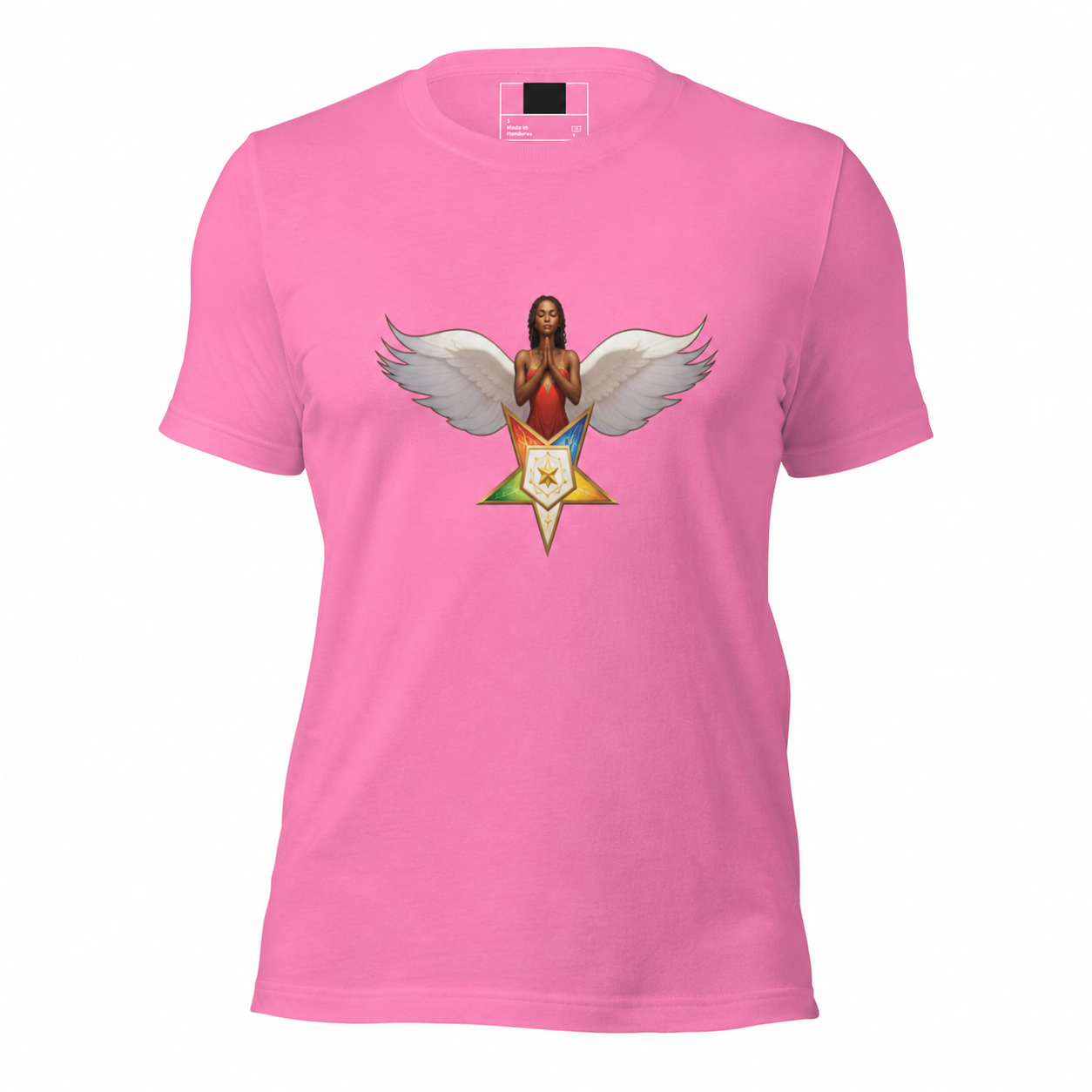 Pink t-shirt with a graphic design of a woman with wings and a star on a white background