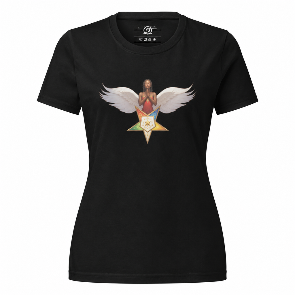 Black t-shirt with a colorful graphic design featuring a person with wings on a white background