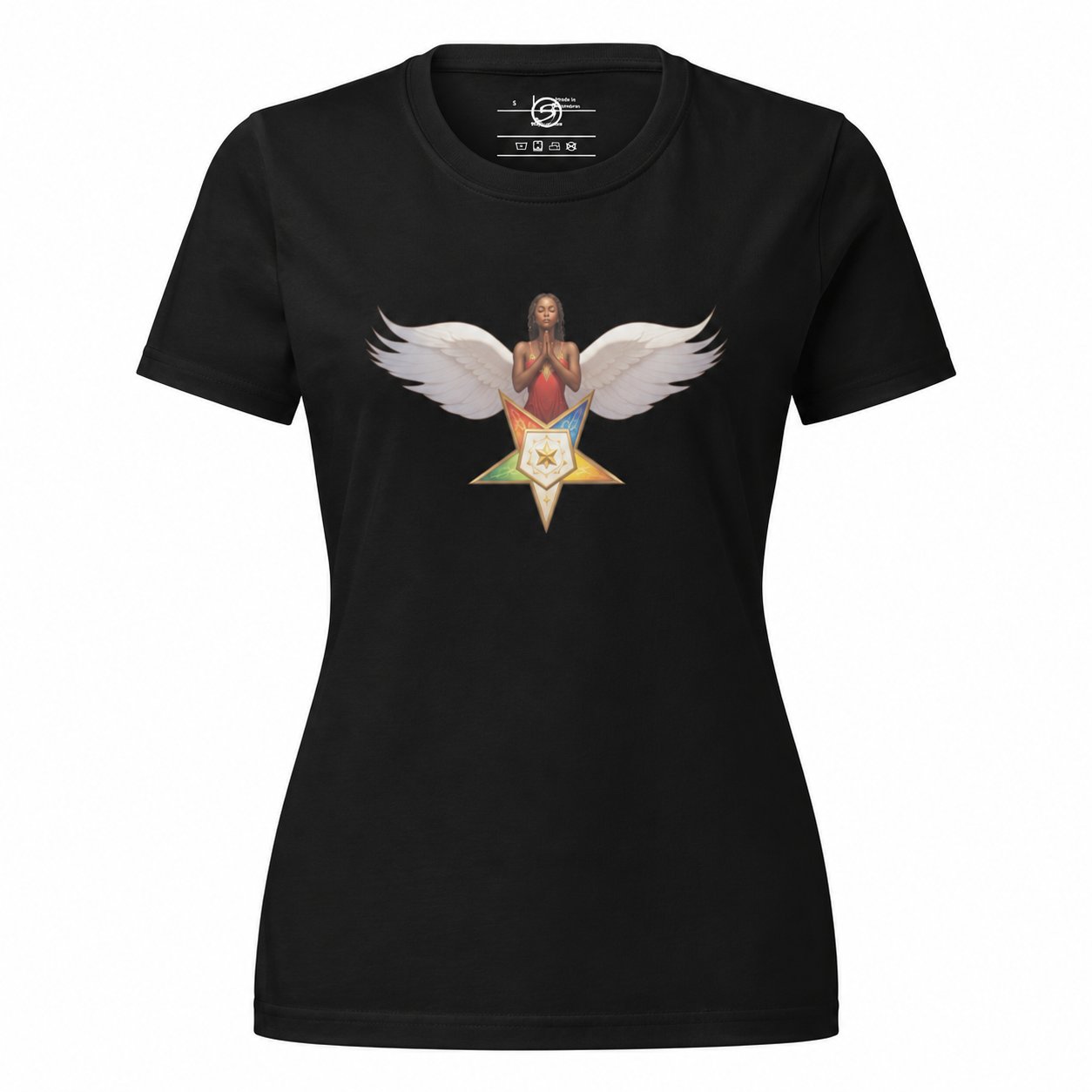 Black t-shirt with a colorful graphic design featuring a person with wings on a white background