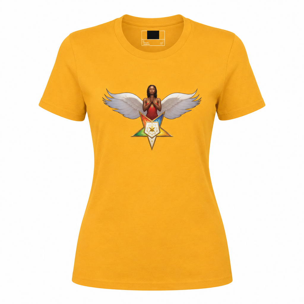 Yellow t-shirt with a graphic design of a woman with wings and a star on a white background