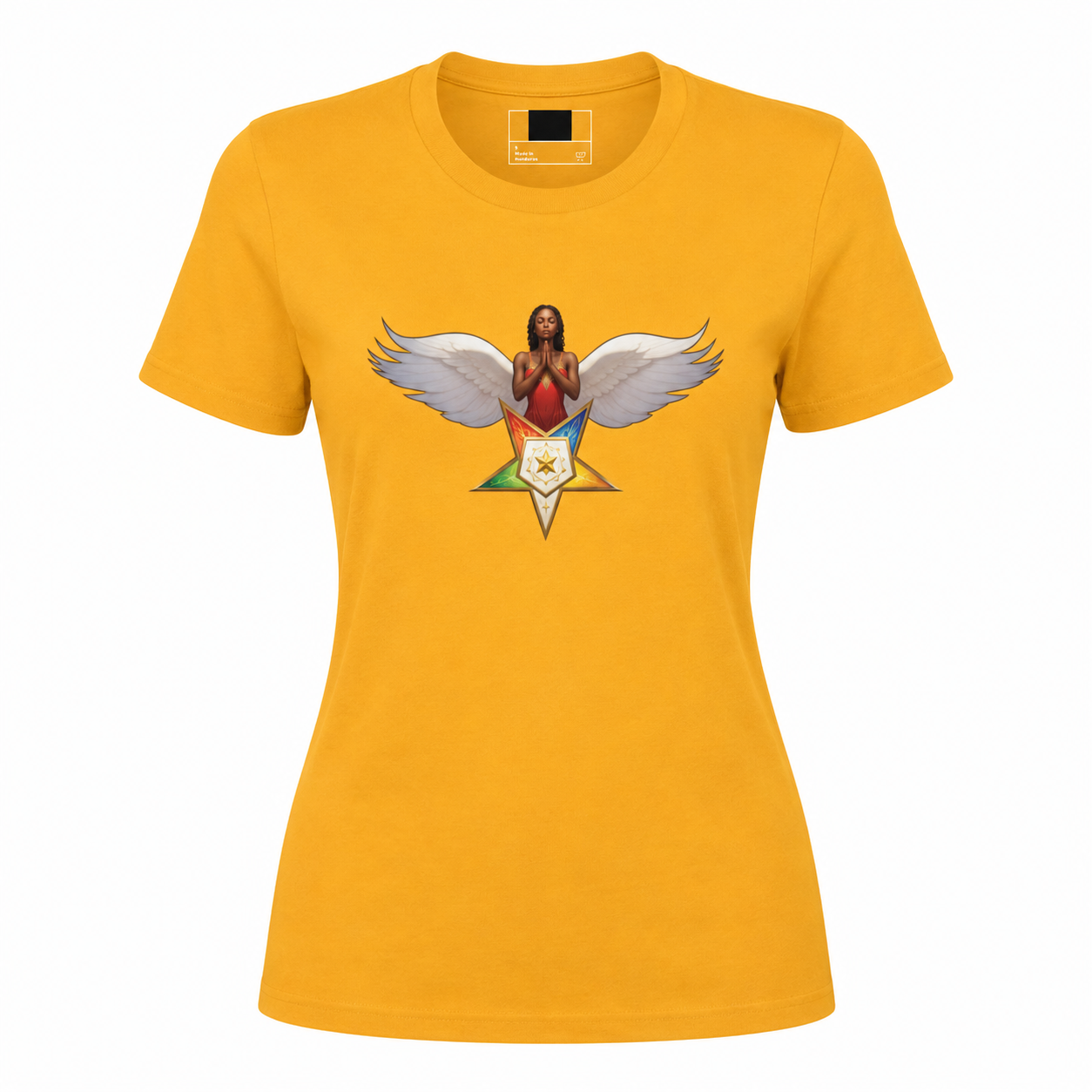 Yellow t-shirt with a graphic design of a woman with wings and a star on a white background