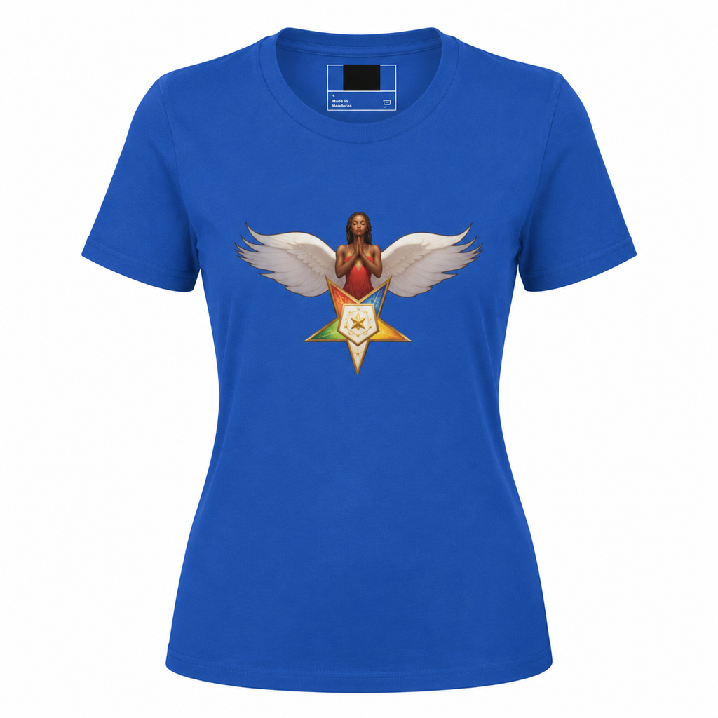 Blue t-shirt with a graphic design of a person with wings on a white background