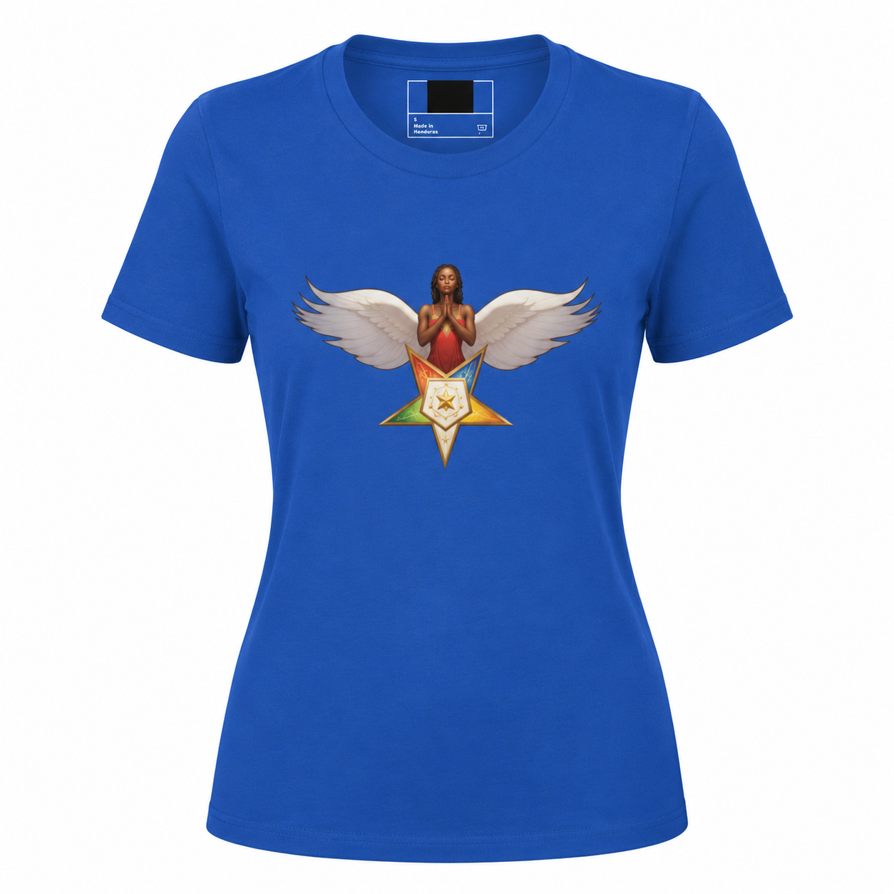 Blue t-shirt with a graphic design of a person with wings on a white background