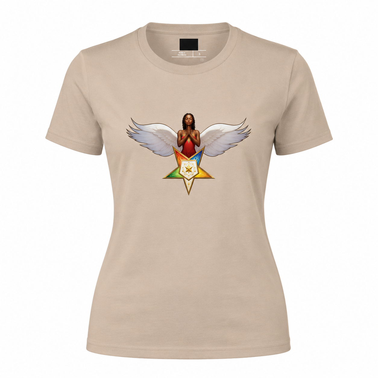 Beige t-shirt with a graphic design of a woman with wings and a colorful star on a white background