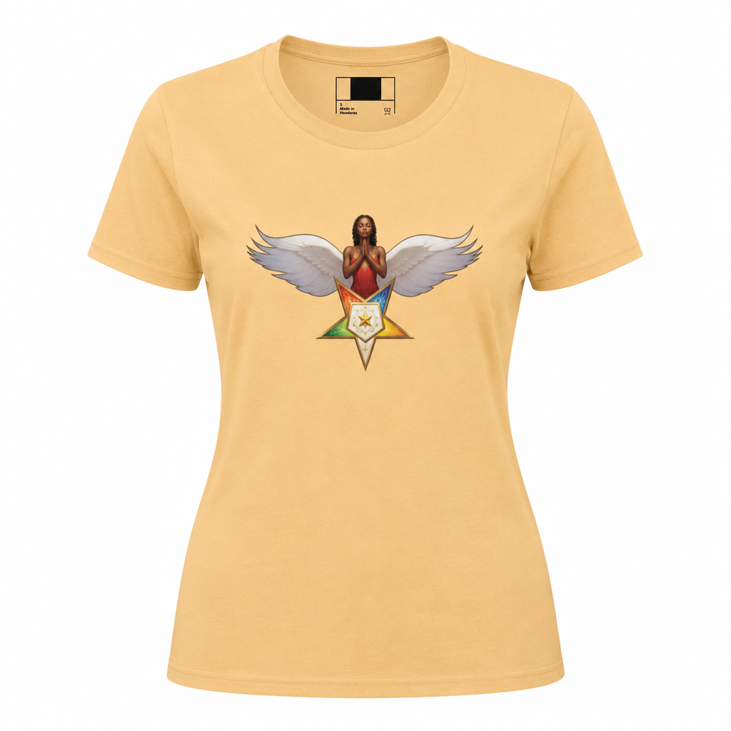 Yellow t-shirt with a graphic design of a person with wings and a colorful star on a white background