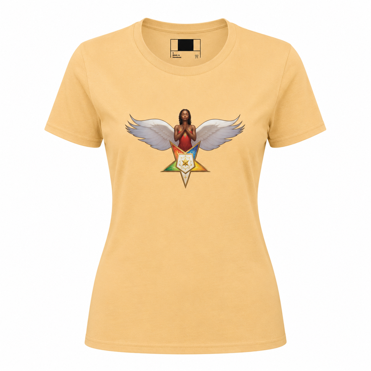 Yellow t-shirt with a graphic design of a person with wings and a colorful star on a white background